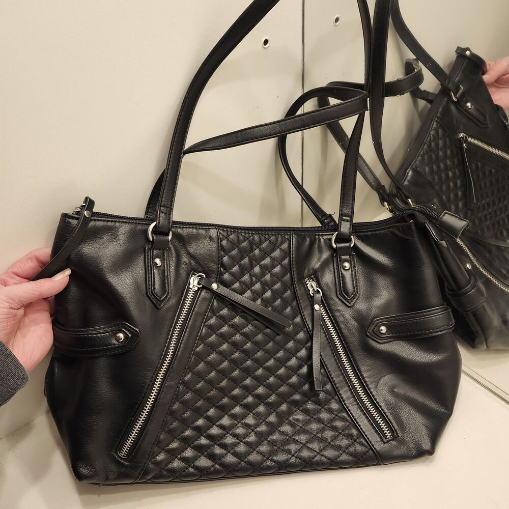 Nicole Black Faux Leather Quilted Zipper Tote Shoulder Bag Handbag Pink Lining